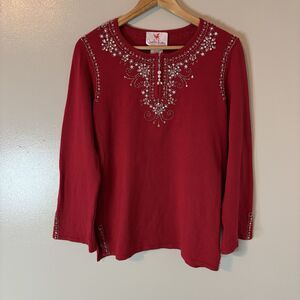 Quacker Factory Sweater Red Beaded Pearl Holiday Long Sleeve Sz Small